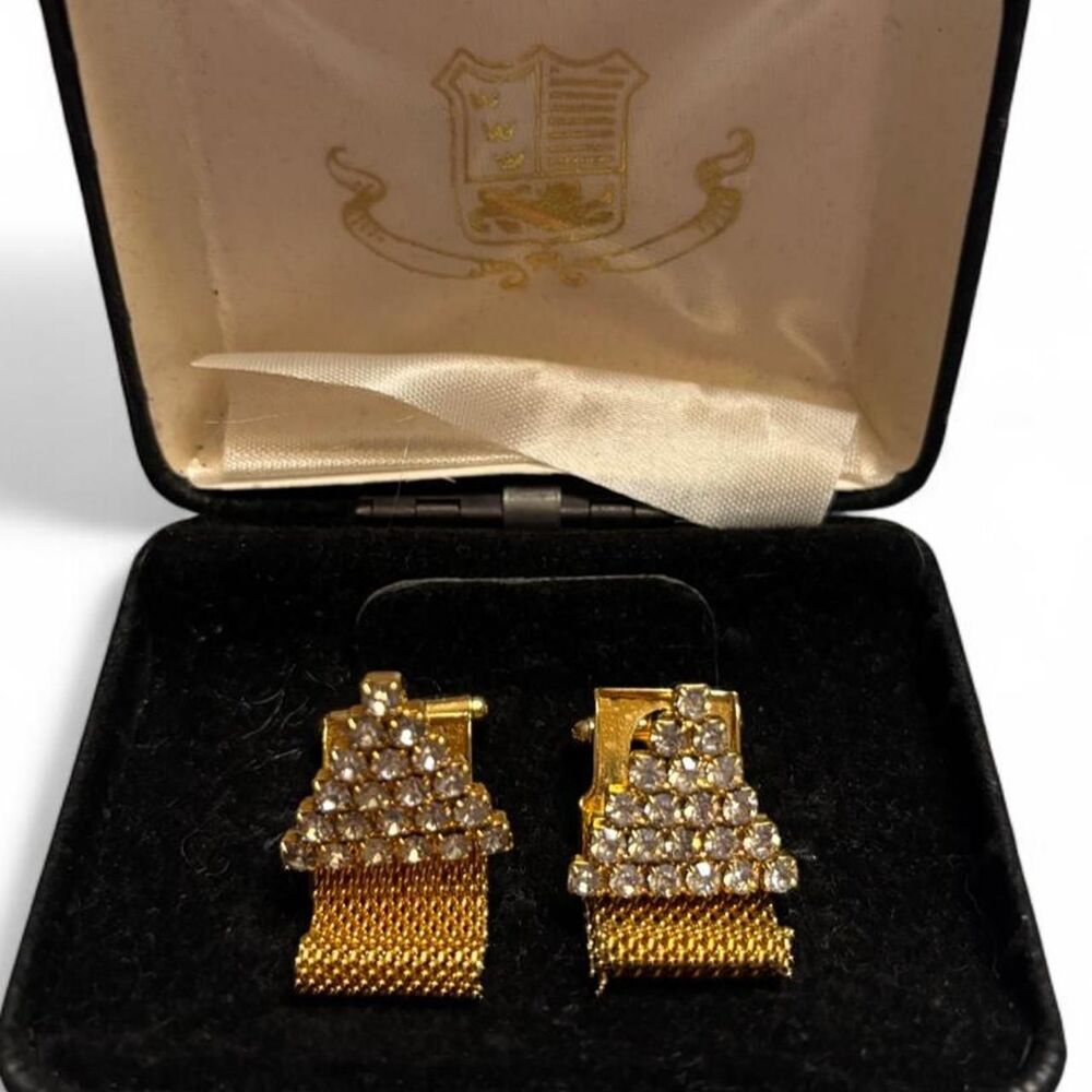 Vintage Gold Tone Rhinestone Mesh Cufflinks Formal Dress Accessories